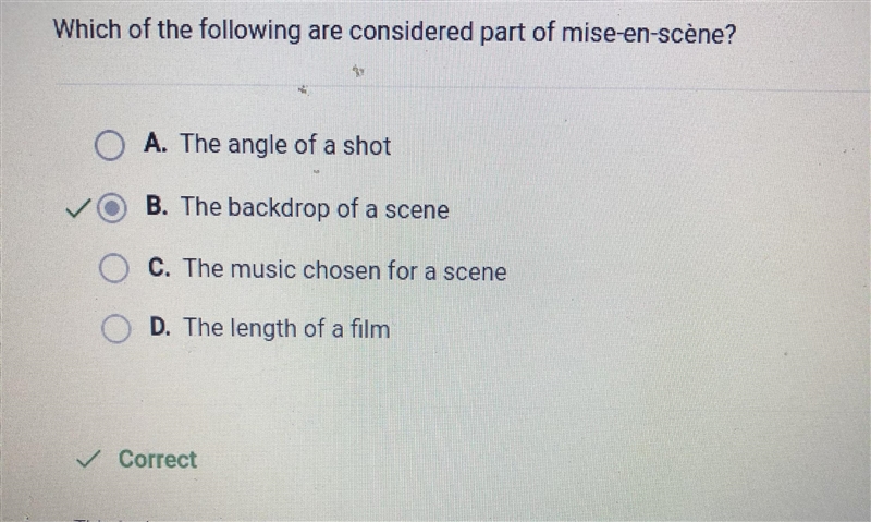 Which of the following are considered part of mise-en-scène?-example-1