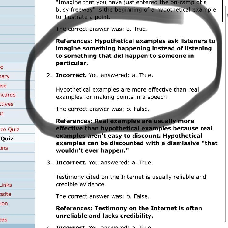 You should never use hypothetical examples in speeches. a. True b. False-example-1