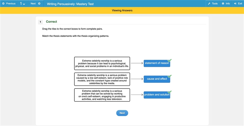 Match the thesis statements with the thesis organizing patterns. problem and solution-example-1