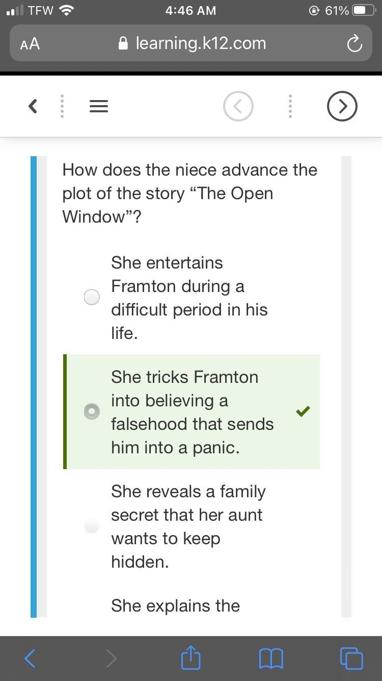 How does the niece advance the the plot of the story "The Open Window"?-example-1