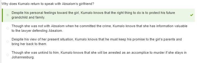 Why does Kumalo return to speak with Absalom’s girlfriend? Despite his view of her-example-1