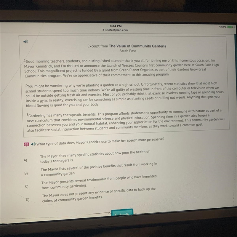 What type of data does mayor Kendrick used to make her speech more persuasive?-example-1