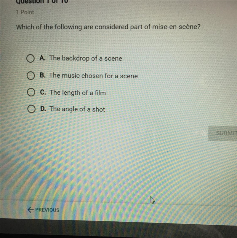 Which of the following are considered part of mise-en-scène?-example-1