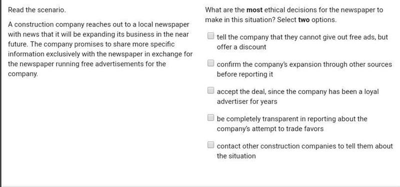 Can someone help? What are the most ethical decisions for the newspaper to make in-example-1