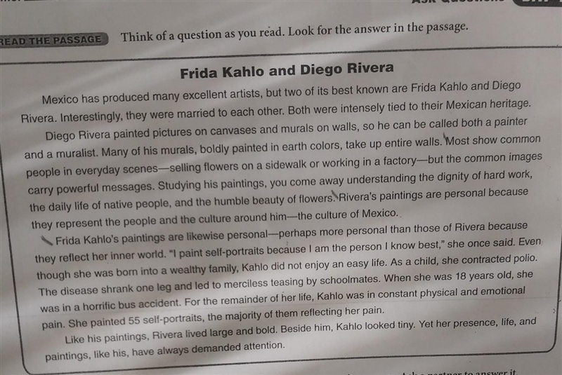 Please help with 2 and 3 2. What was the common theme of Kahlo's paintings? 3. What-example-1