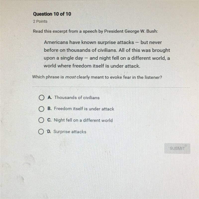 Which phrase is most clearly meant to evoke fear in the listener? APEX-ENGLISH 4-example-1