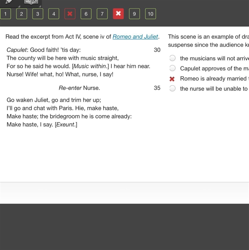 Read the excerpt from Act IV, scene iv of Romeo and Juliet. This scene is an example-example-1