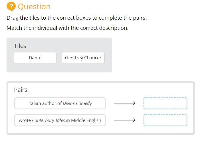 Question Drag the tiles to the correct boxes to complete the pairs. Match the individual-example-1