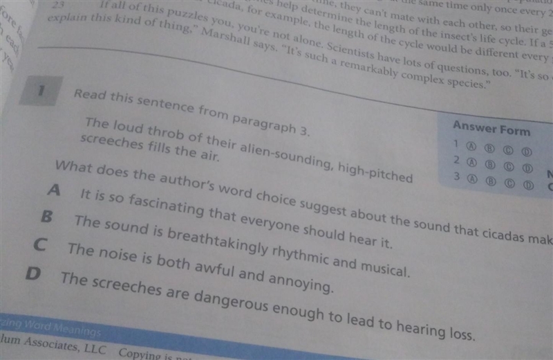 What does the authors word choice suggest about the sound that cicadas make?​-example-1