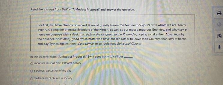 In this excerpt from “A Modest Proposal” Swift uses irony to call out _____.-example-1