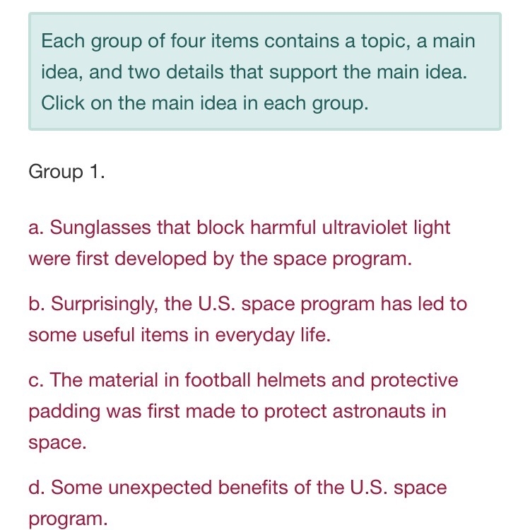 What the answer for one these main idea in each group?-example-1