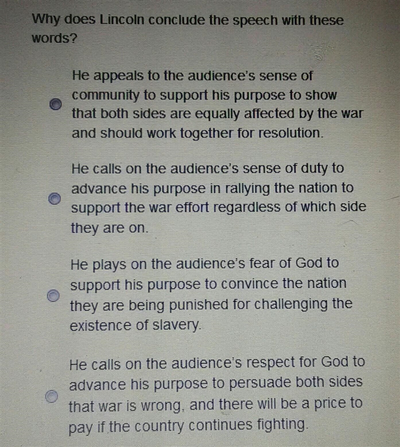 Please help me ASAP!!!!!!!!! Abraham Lincoln Second Inaugural Address March 4, 1865. Read-example-1