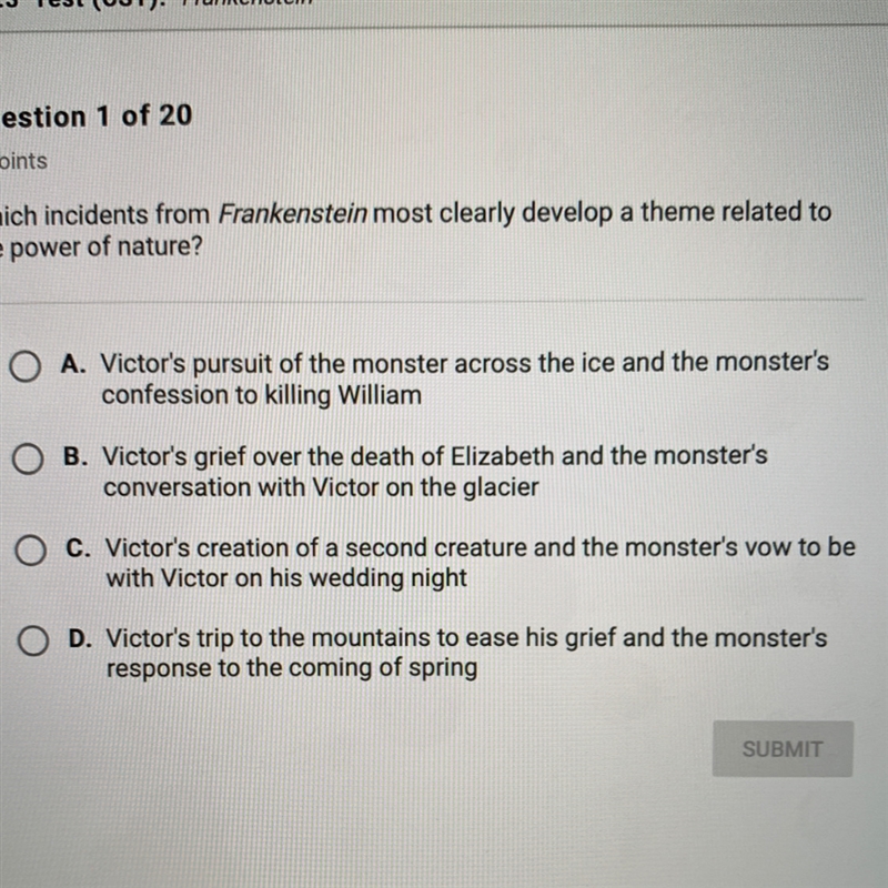 Which incidents from Frankenstein most clearly develop a theme related to the power-example-1