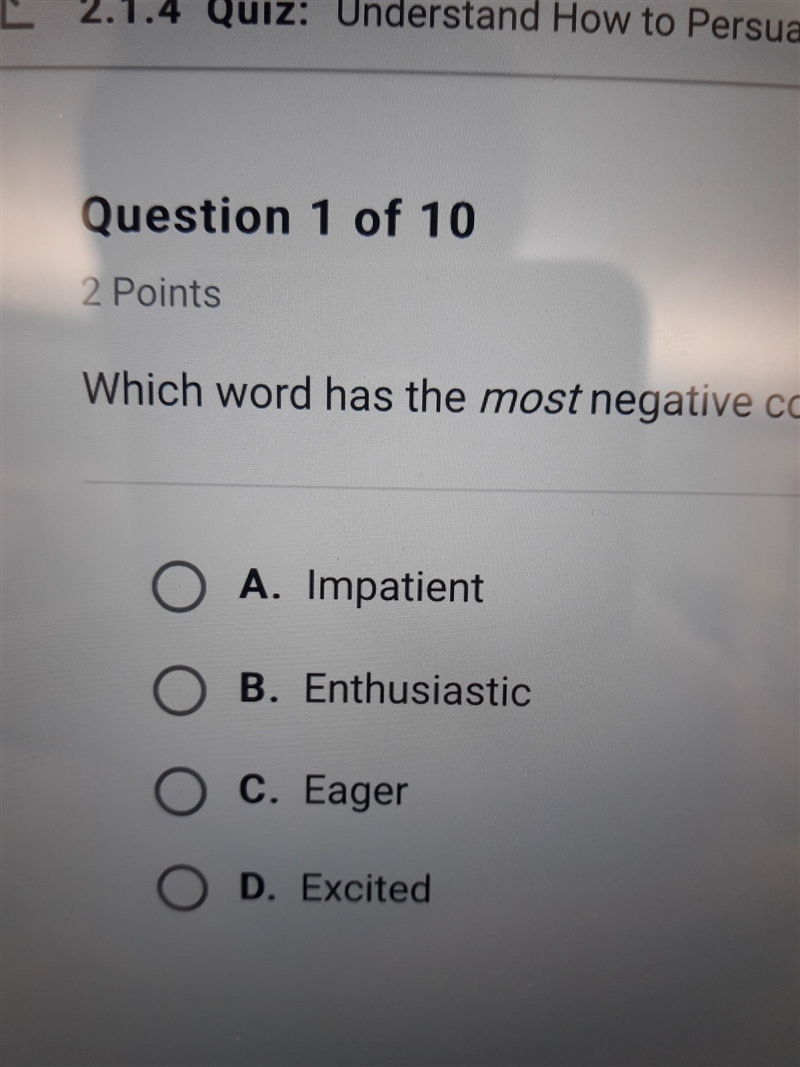 Which word has th most negative connotation?-example-1