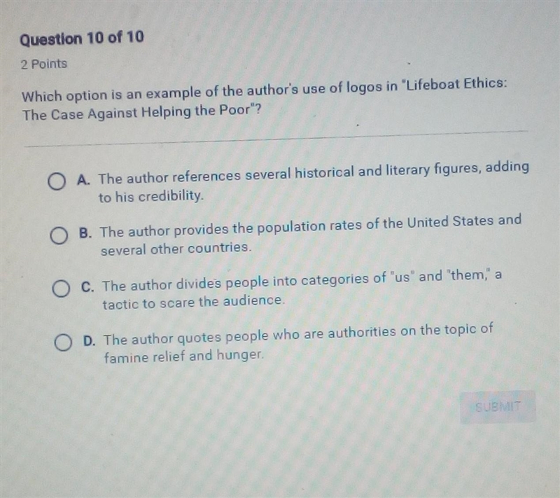 which option is an example of the author's use of logos in Lifeboat ethics the case-example-1