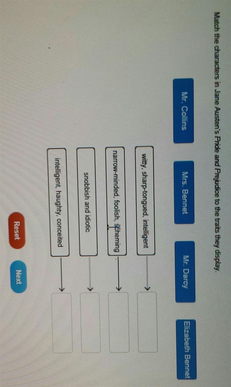 Match the characters in Jane Austen's Pride and Prejudice to the traits they display-example-1