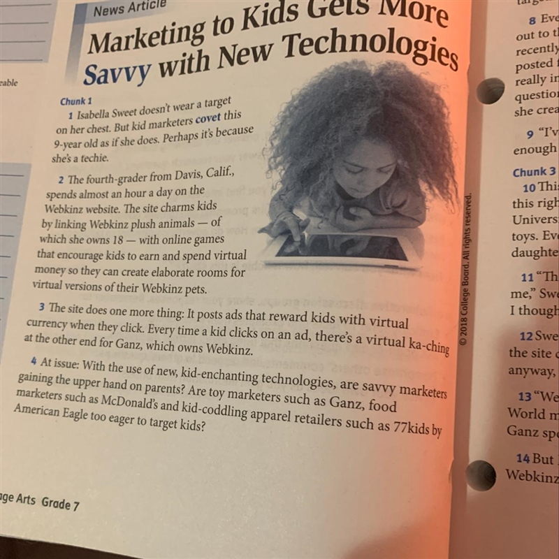 Reread chunk 1. How is technology helping advertisers reach more kids? Use evidence-example-1