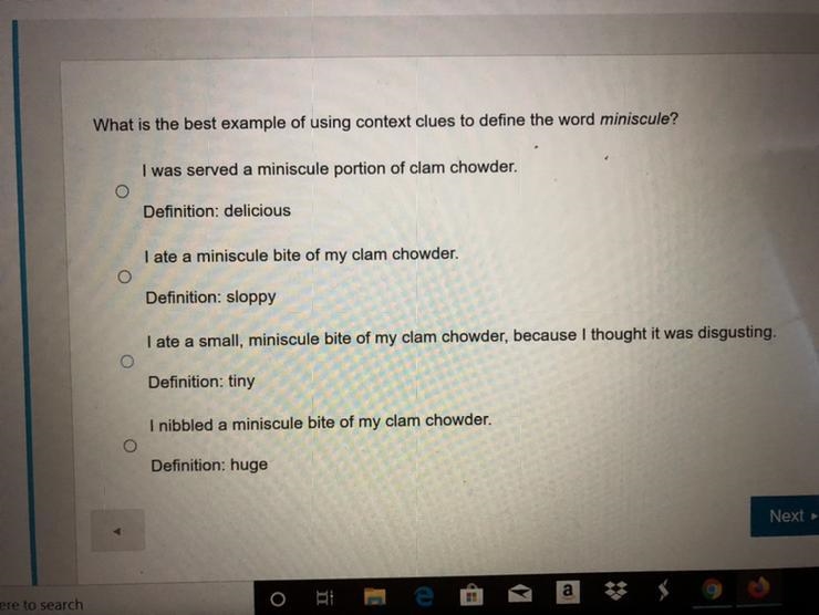 What is the best example of using context clues to define the word miniscule-example-1