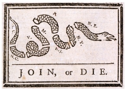 Study the editorial cartoon Join, or Die by Benjamin Franklin. How does Benjamin Franklin-example-1