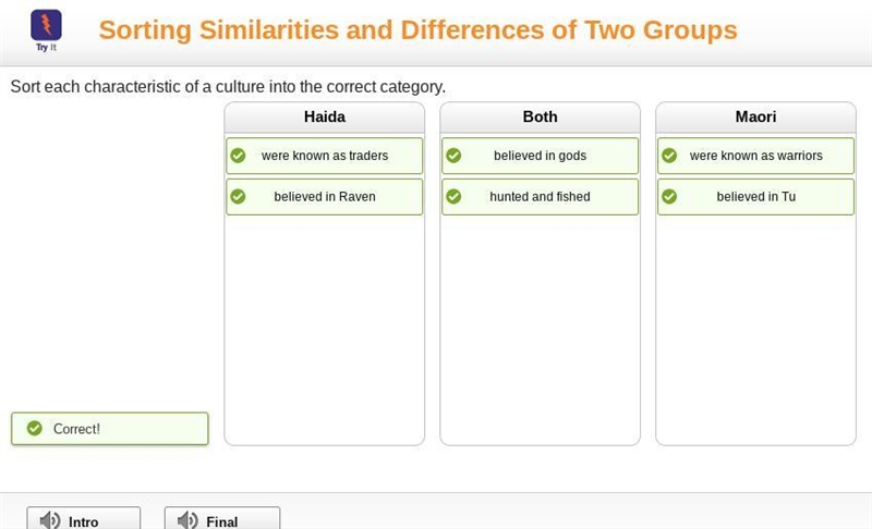 Sort each characteristic of culture into the correct category-example-1