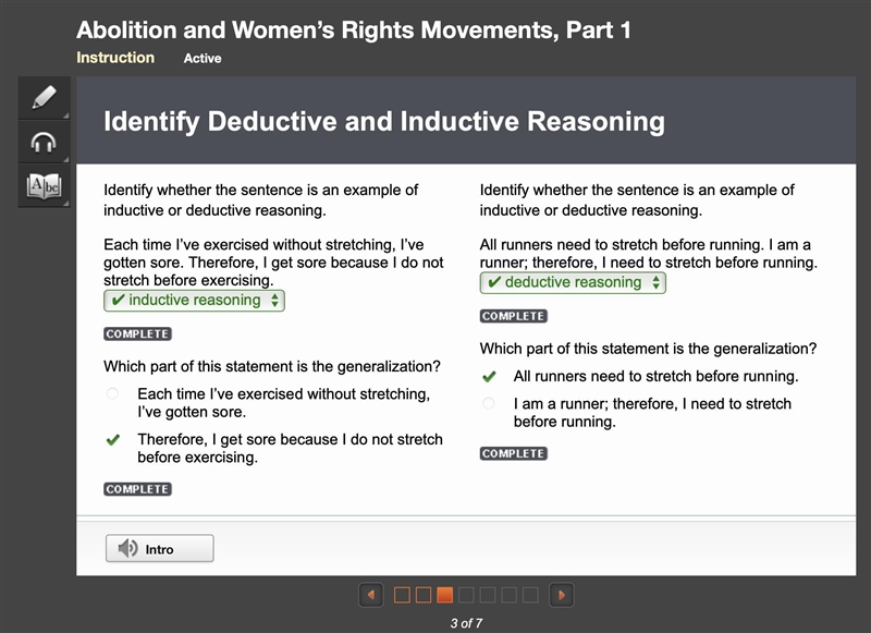 Identify whether the sentence is an example of inductive or deductive reasoning. Each-example-1