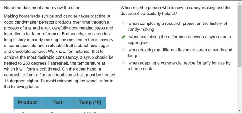 Read the document and review the chart. Making homemade syrups and candies takes practice-example-1