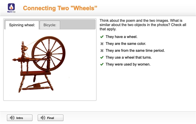 Spinning wheel:Bicycle: Spinning wheel Think about the poem and the two images. What-example-1