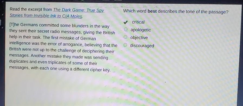 Which word best describes the tone of the passage? Critical Apologetic Objective Discouraged-example-1