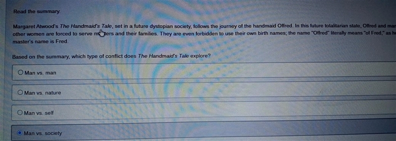 Based on the summary, which type of conflict does The Handmaid's Tale explore? Man-example-1