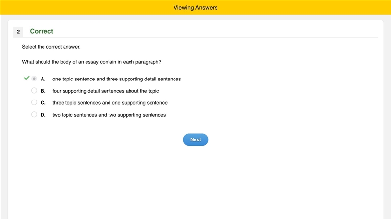 What should the body of an essay contain in each paragraph? A. one topic sentence-example-1