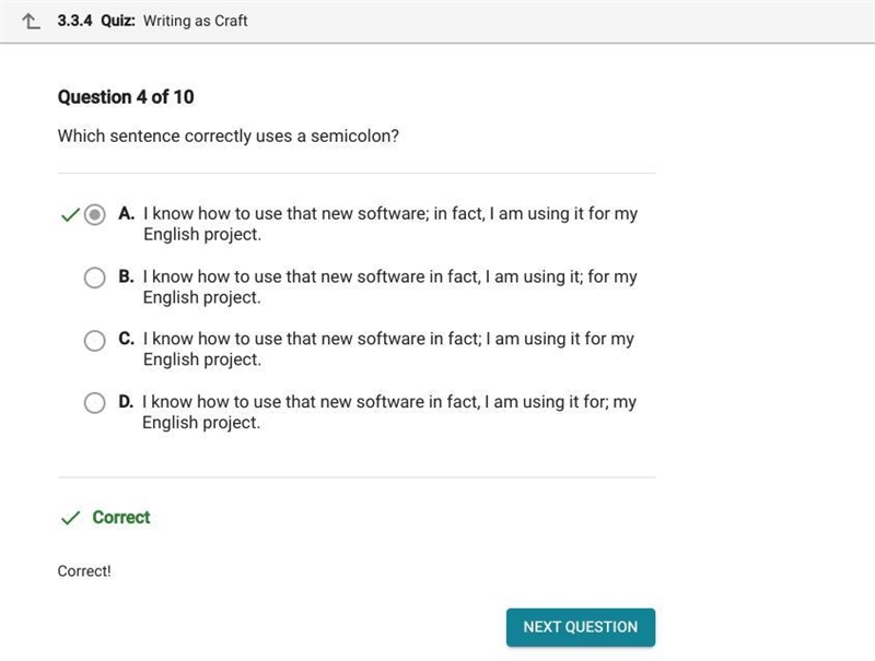 Which sentence uses a semicolon correctly? O A. I know how to use that new software-example-1