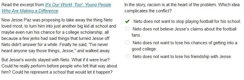 In the story racism is at the heart problem. Which idea complicates the conflict ? ( Neto-example-1