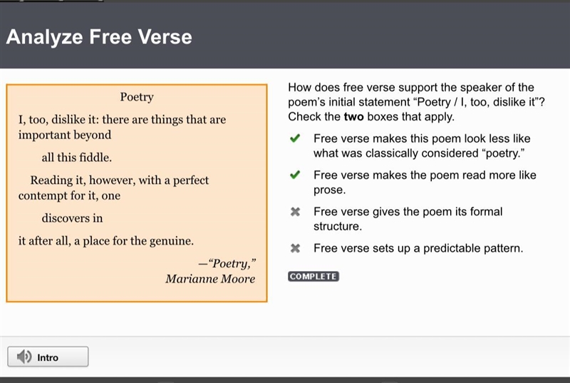 How does free verse support the speaker of the poem’s initial statement “Poetry / I-example-1