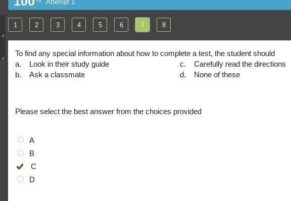 To find any special information about how to complete a test, the student should a-example-1