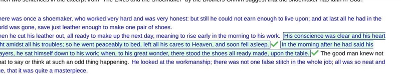 Which two sentences in the excerpt from “The Elves and the Shoemaker” by the Brothers-example-1