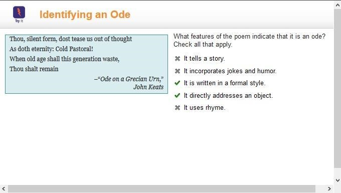 What features of the poem indicate that it is an ode? Check all that apply. It tells-example-1