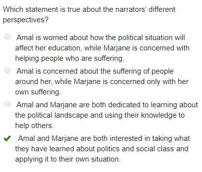 Which statement is true about the narrators' different perspectives? O Amal is worried-example-1