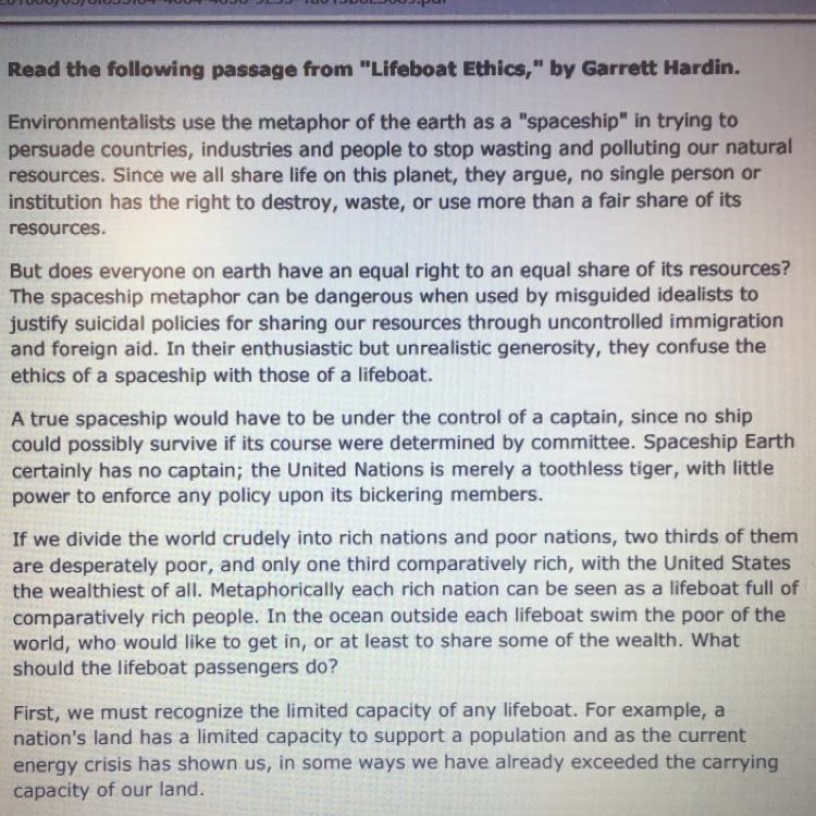 Please help!! Click to read the passage from "Lifeboat Ethics," by Garrett-example-1