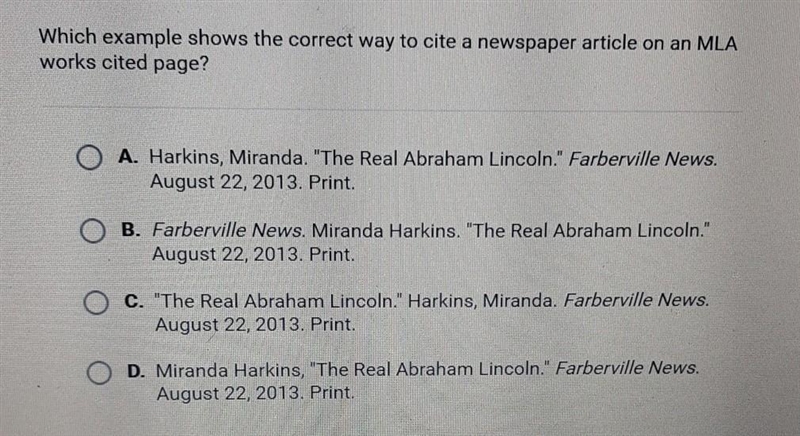 Which example shows the correct way to cite a newspaper article on an MLA works cited-example-1