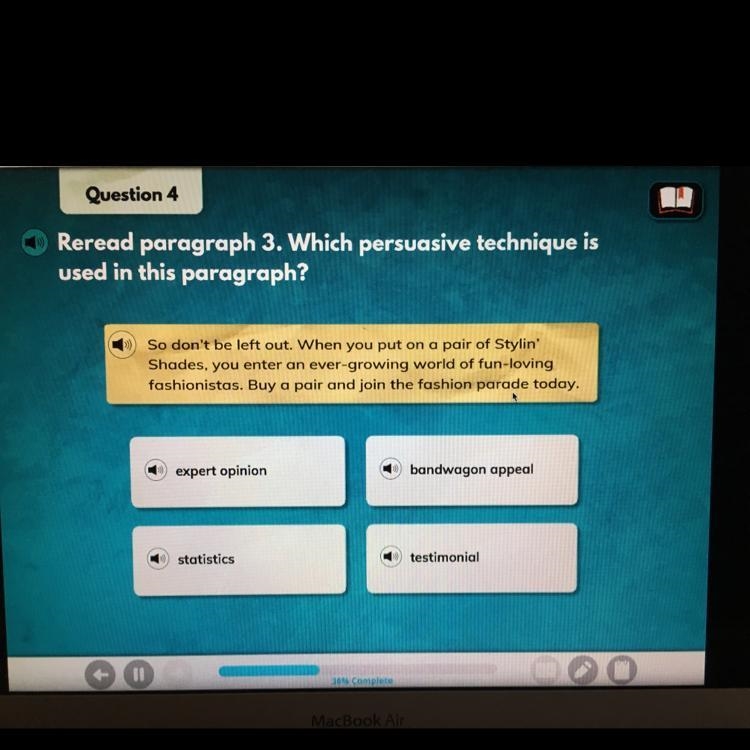 Reread paragraph 3. Which persuasive technique is used in this paragraph?-example-1