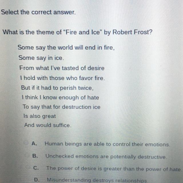 What is the theme of “Fire and Ice” by Robert Frost? Some say the world will end in-example-1