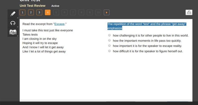 The repetition of the word “test” and the phrase “get away” emphasize-example-1