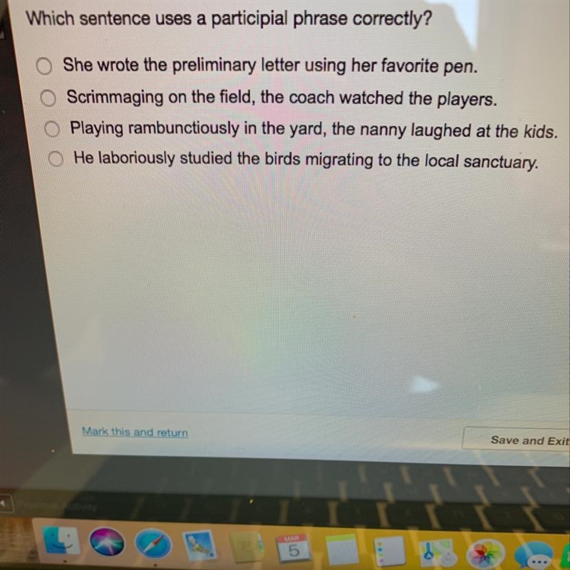 Which sentence uses a participial phrase correctly?-example-1