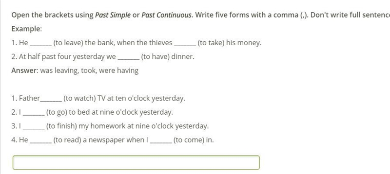 Open the brackets using Past Simple or Past Continuous. Write five forms with a comma-example-1