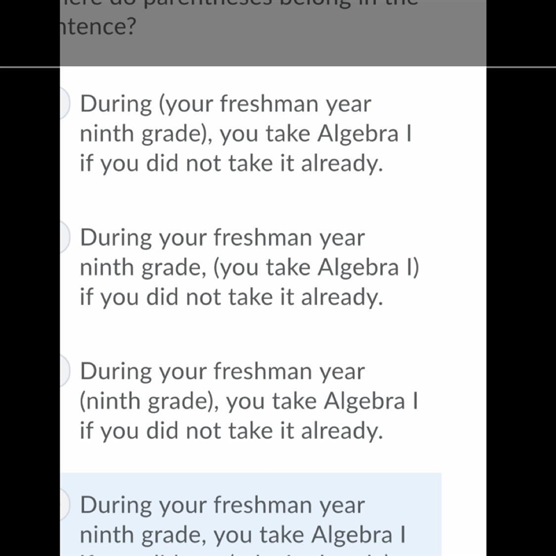 During your freshman year ninth grade, you take Algebra 1 if you did not take it already-example-1