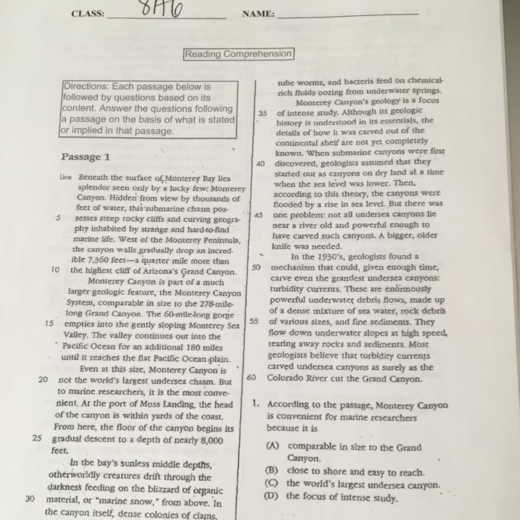 According to the passage, Monterey Canyon is convenient for marine researchers because-example-1