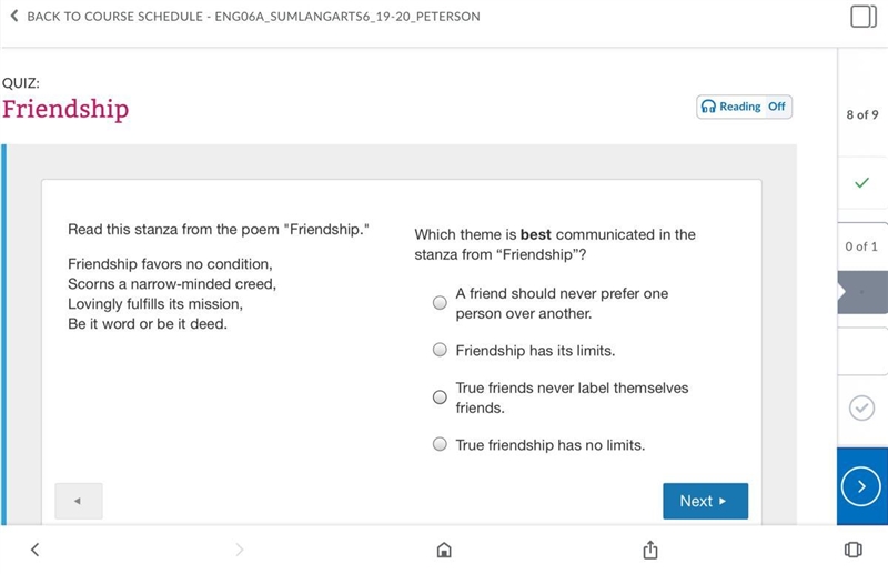 Which theme is best communicated in the stanza from “friendship”-example-1