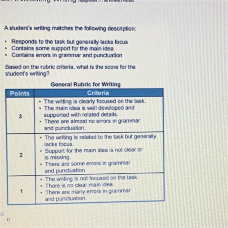 A student’s writing matches the following description: A.)0 B.)1 C.)3 D.)2-example-1