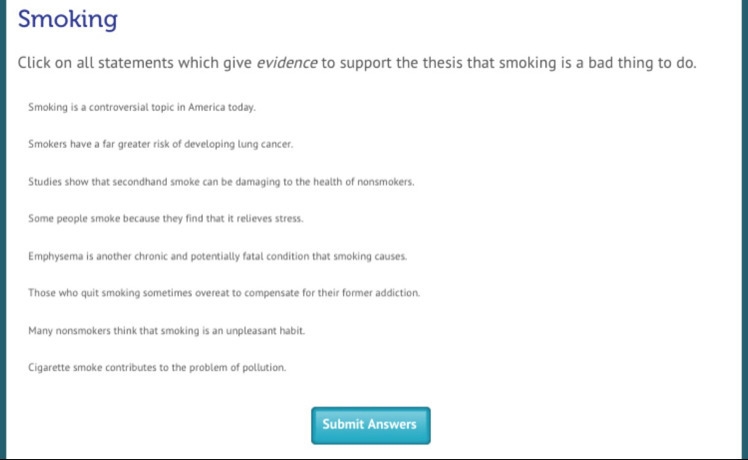 Select all the statements which give evidence to support the thesis that smoking is-example-1