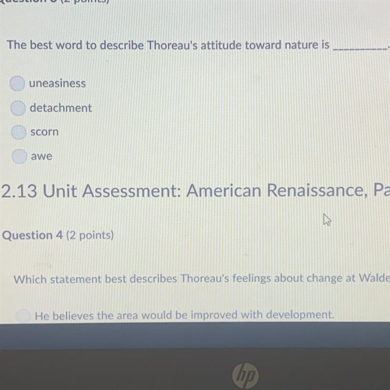 The best word to describe Thoreau’s attitude nature is _______?-example-1